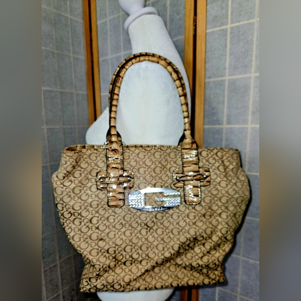 Guess Large Beige Patterned Tote Bag